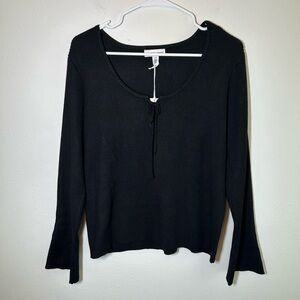 Rib Knit Black Sweater Sz 2X Lace Up Neck Flare Sleeve Office Siren 90s NEW